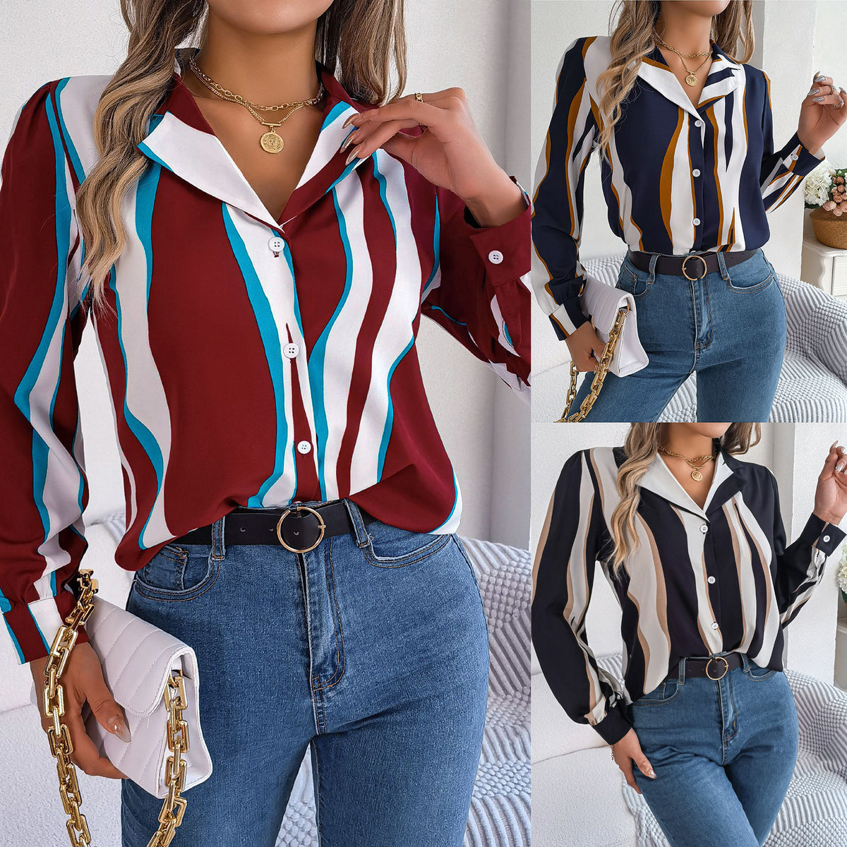 Women's Versatile Contrast Color Striped Collar Long Lace Shirt, Chiffon Shirt