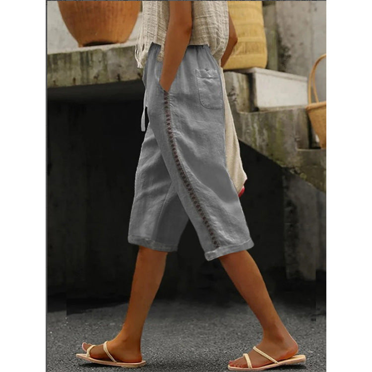 Summer Fashion Woven Cotton Linen Side Lace Hollowed Shorts