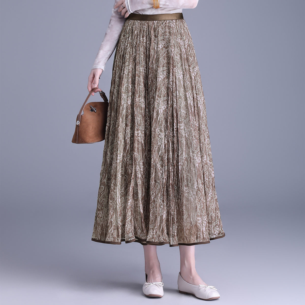 Purple Floral Pleated Autumn Slimming High Waist Crimp Skirt
