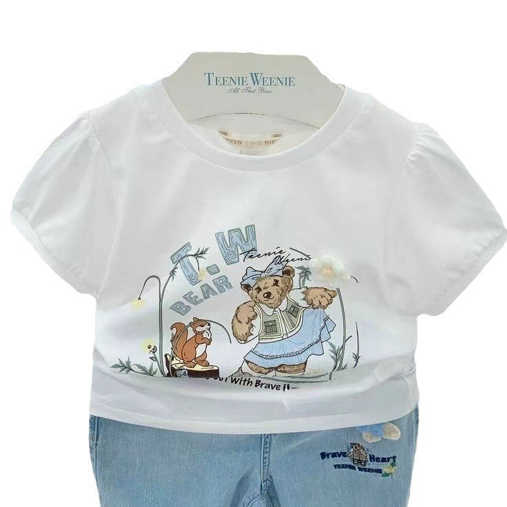 Korean Style Little Bear Cotton Class Knitted Soft Breathable Flower Children's T-shirt