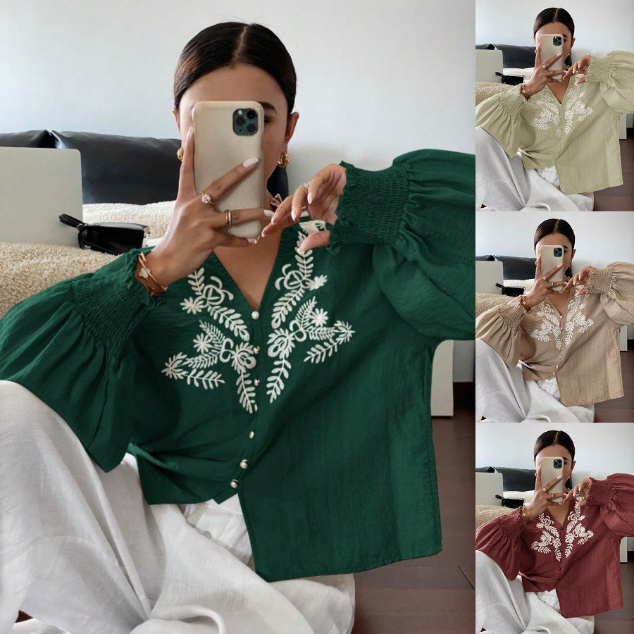 Women's Autumn Embroidered Floral Button Long Sleeve Blouse