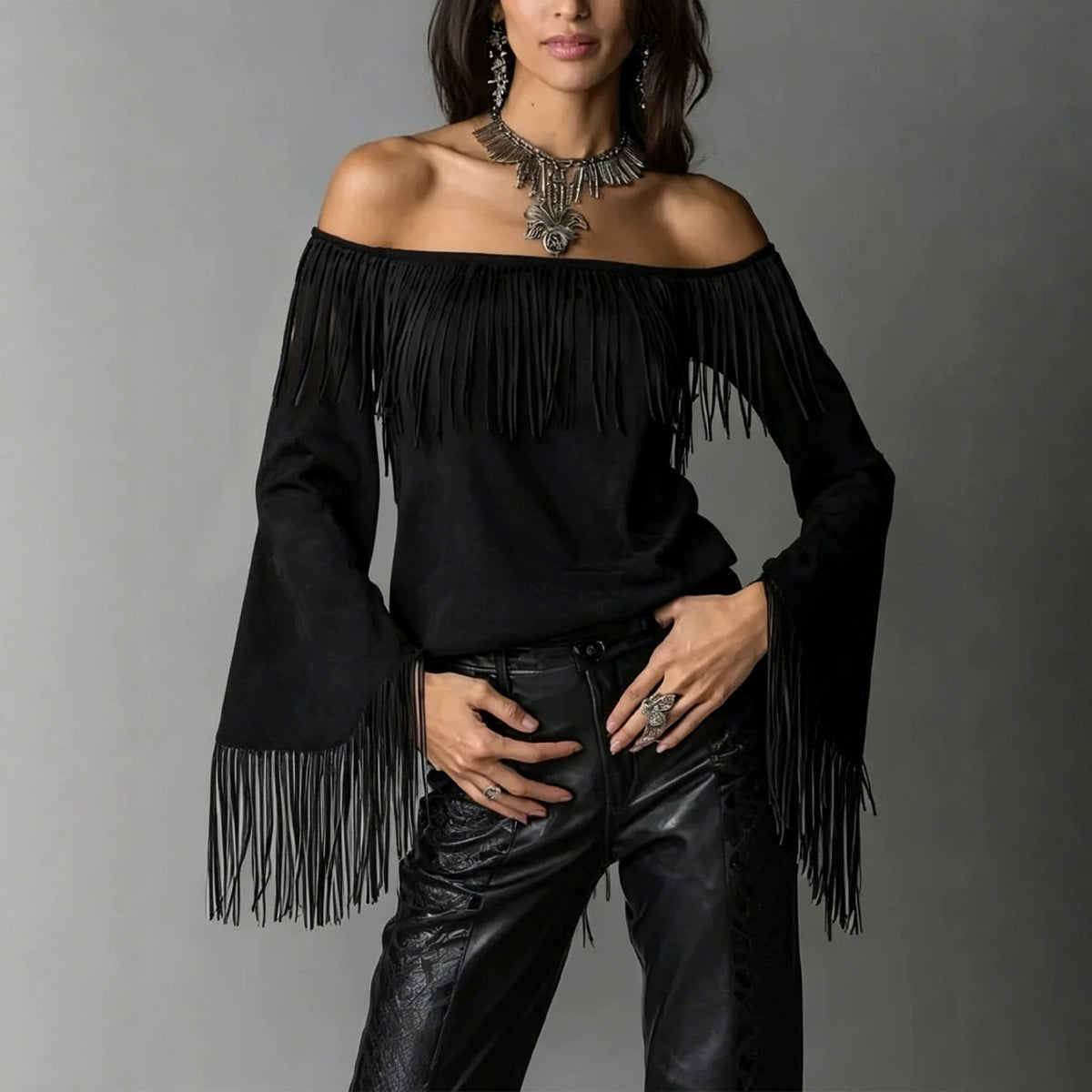Women's Retro Tassel Suede Flared Long Sleeve Western Women's T-shirt
