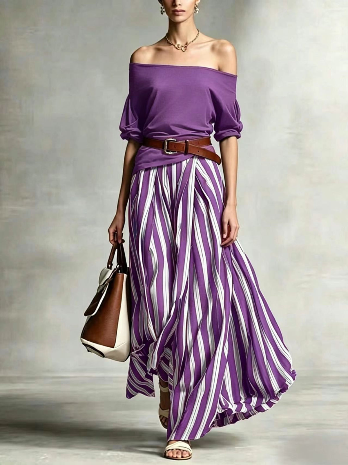 Women's Puff Sleeve Vertical Stripes Draping Striped Fashion Casual Suit