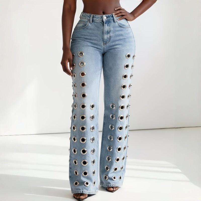 Women's Waist Metal Hollow Design Washed Straight Women's Jeans