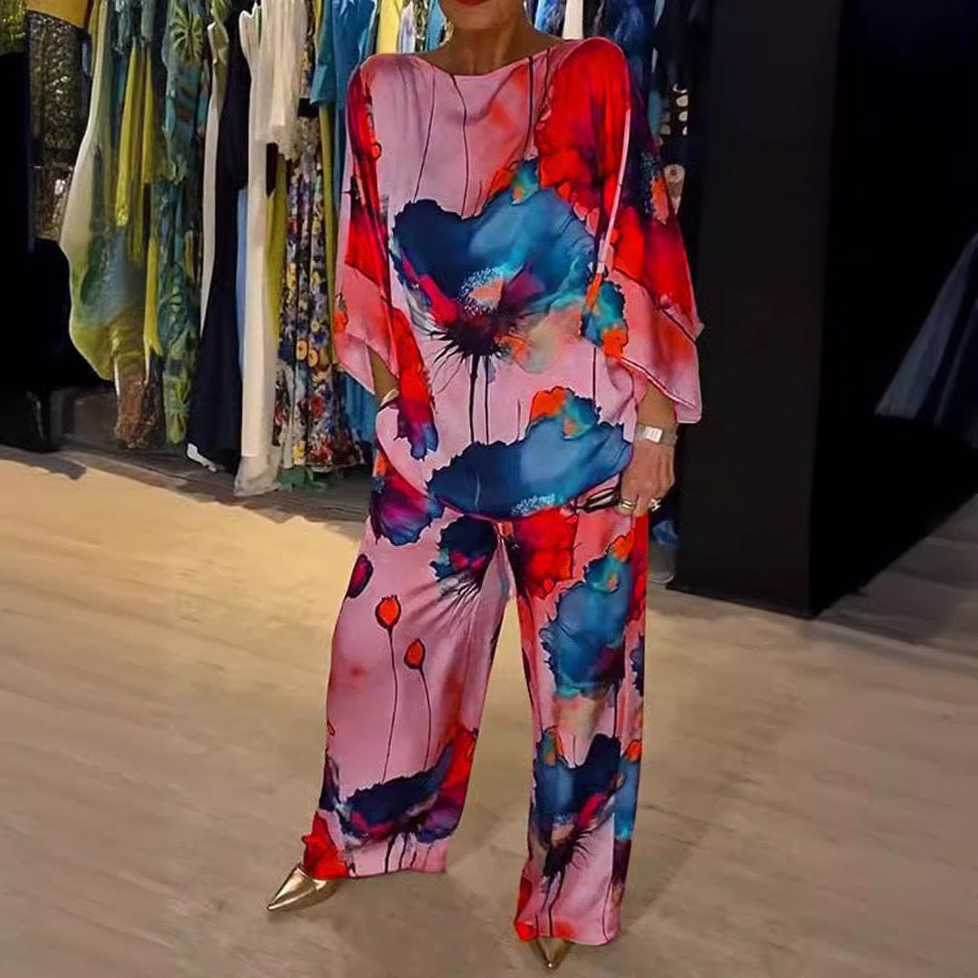 Urban Elegant Loose Printed Batwing Sleeve Suits