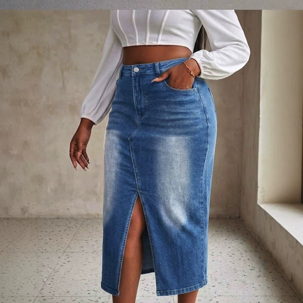 Large High Waist Front Slit Denim Retro Skirt