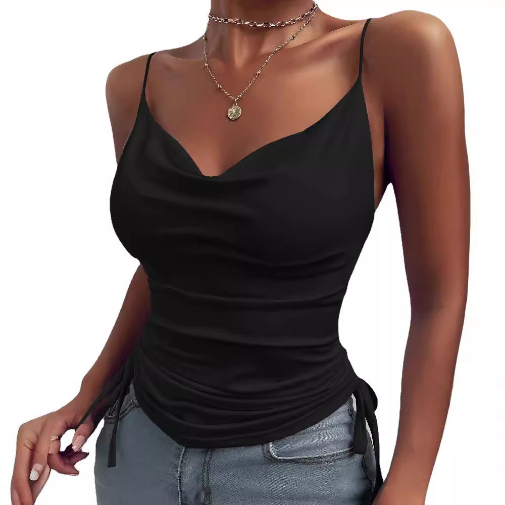 Women's Printed Camisole Solid Color Deep Strap Tight Drawstring Small Vest/suspenders/tube Top