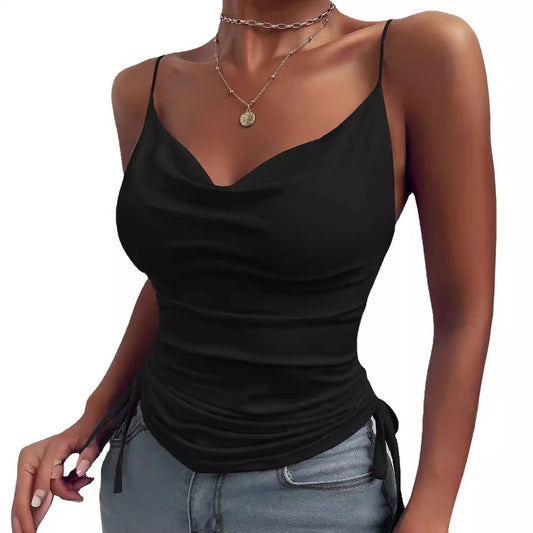 Women's Printed Camisole Solid Color Deep Strap Tight Drawstring Small Vest/suspenders/tube Top