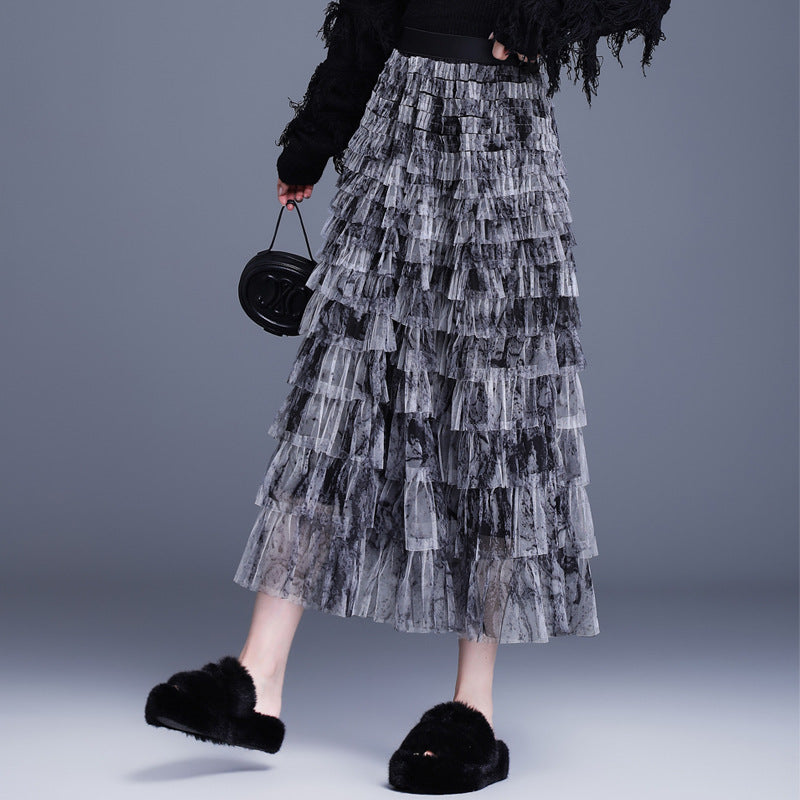 Women's Design Gradient Color Mesh Autumn Cake Dress A- Skirt