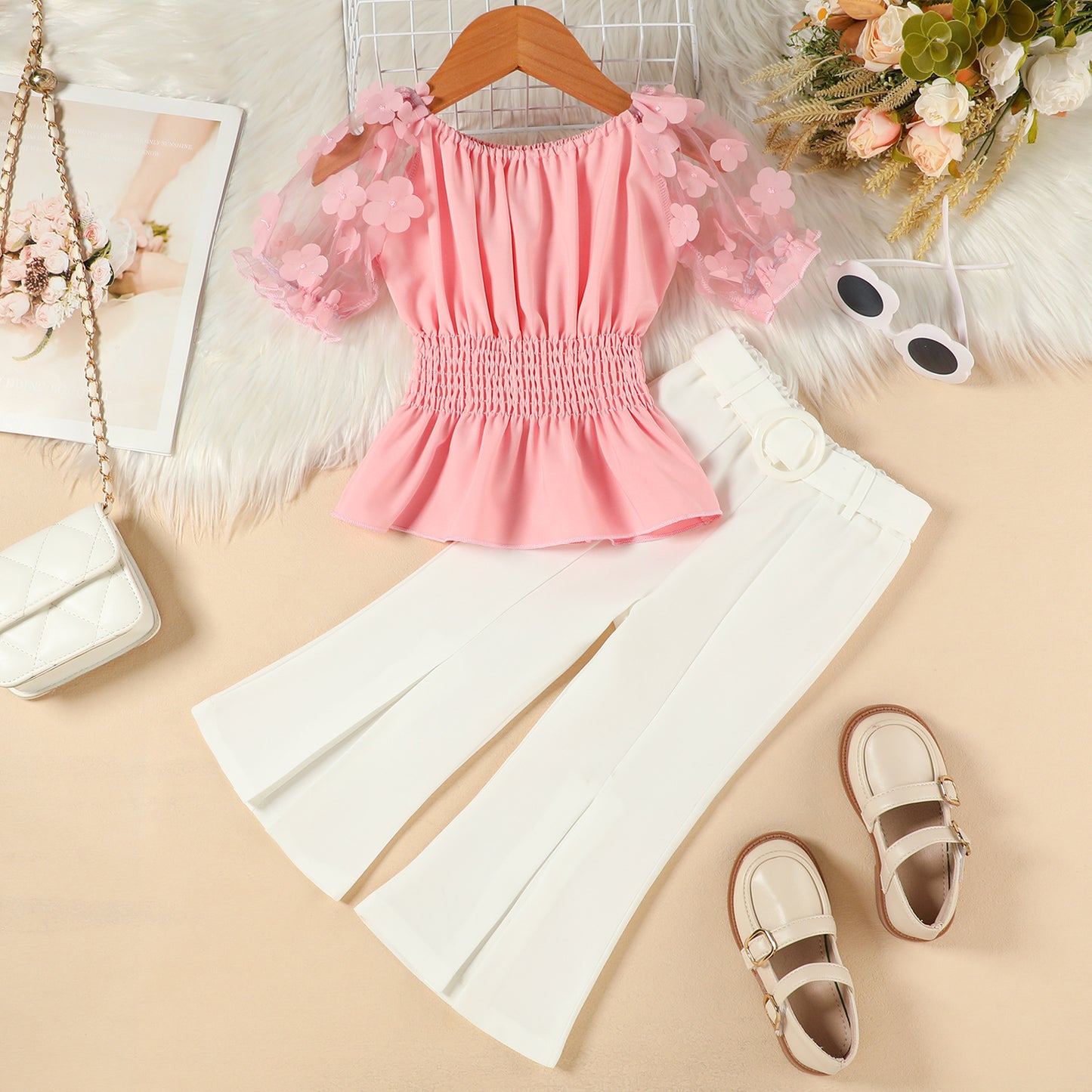 Mesh Puff Sleeve Smocking Top Solid Color Flared Pants Belt Children's Suit