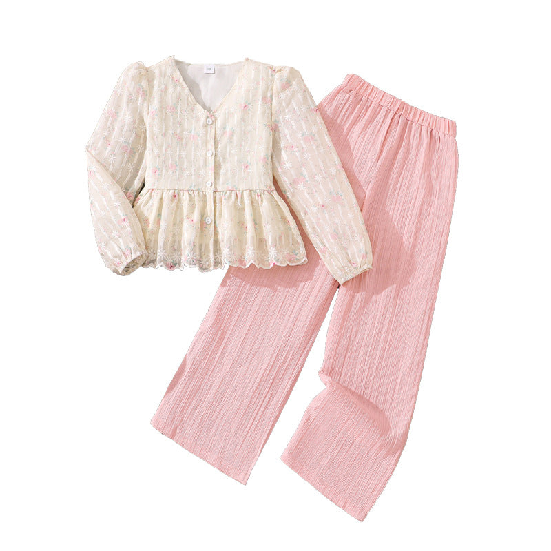 Children's Clothing Spring Fashion Sweet Temperament Lace Crocheted Long Sleeve Top Children's Suit