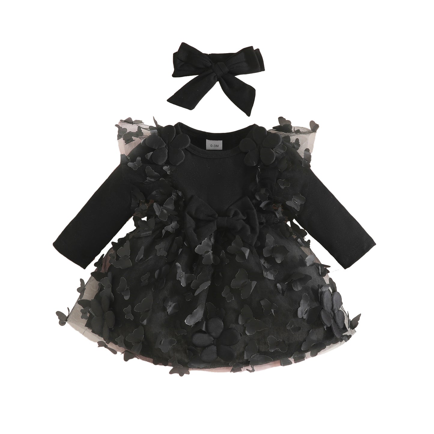 Knitted Fabric Butterfly Mesh Stitching Solid Color Long Sleeve Children's Dress