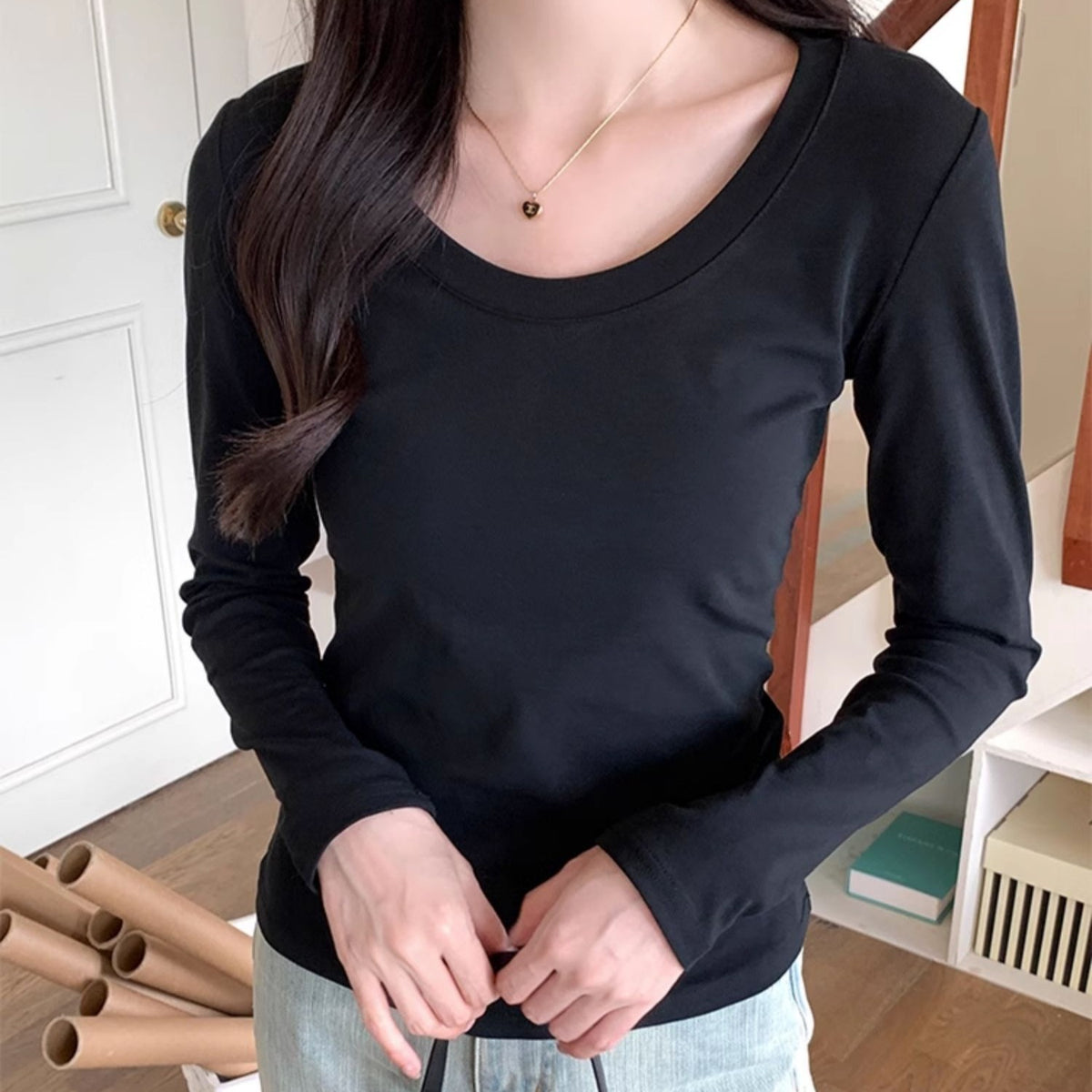 Women's Slim Fit Slimming Inner Basic Style Collar Solid Color Bottoming Women's T-shirt