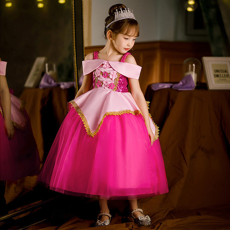 Sleeping Beauty Princess Long Pink Puffy Tulle Children's Dress