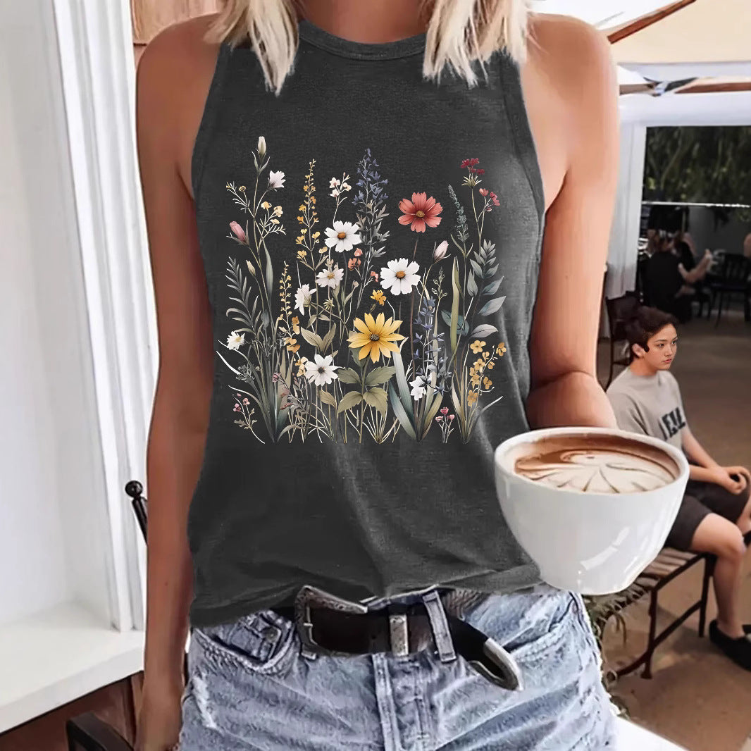 Women's Floral Print Sleeveless T-shirt Round Neck Pullover Small Vest/suspenders/tube Top