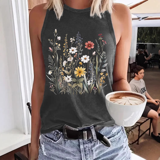 Women's Floral Print Sleeveless T-shirt Round Neck Pullover Small Vest/suspenders/tube Top