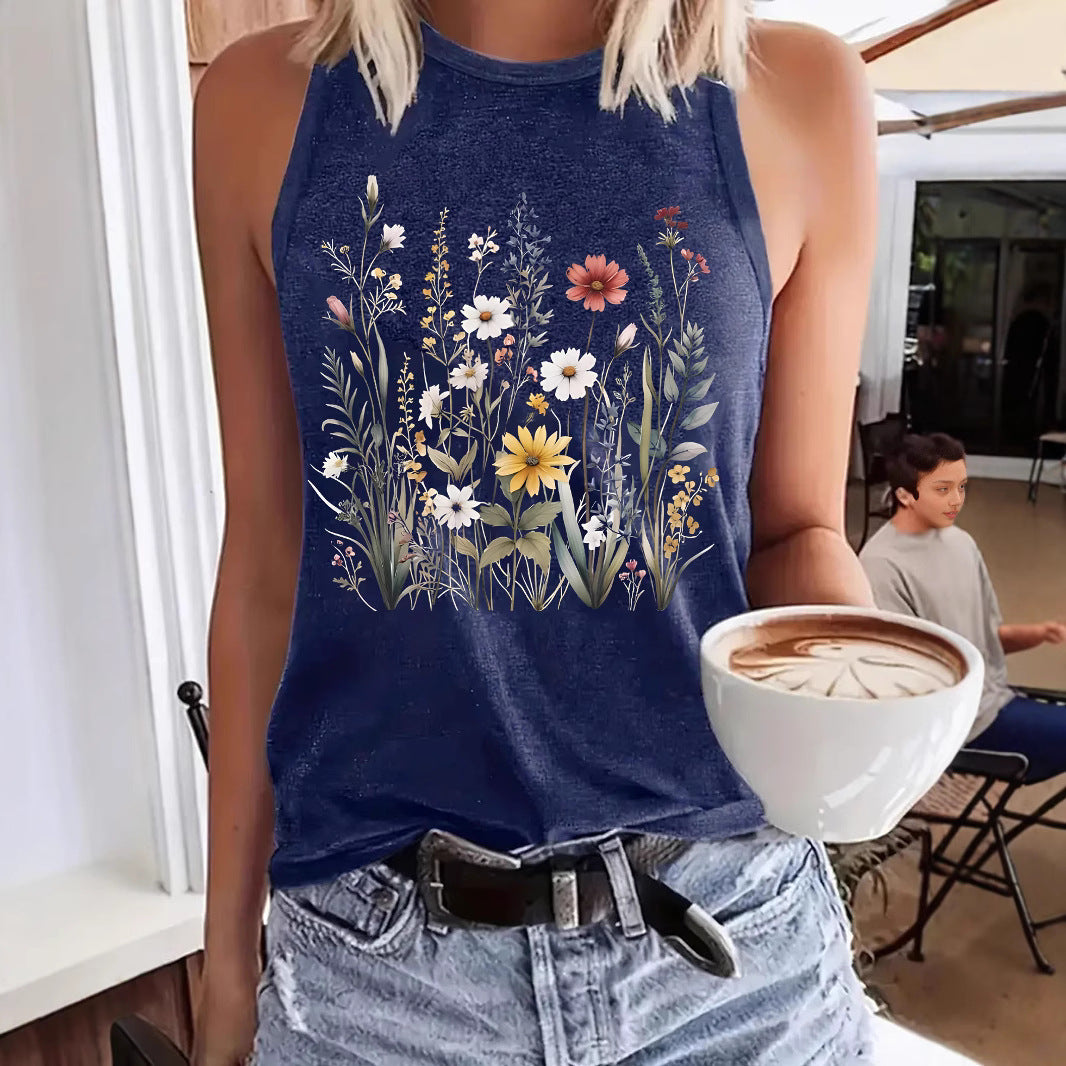 Women's Floral Print Sleeveless T-shirt Round Neck Pullover Small Vest/suspenders/tube Top
