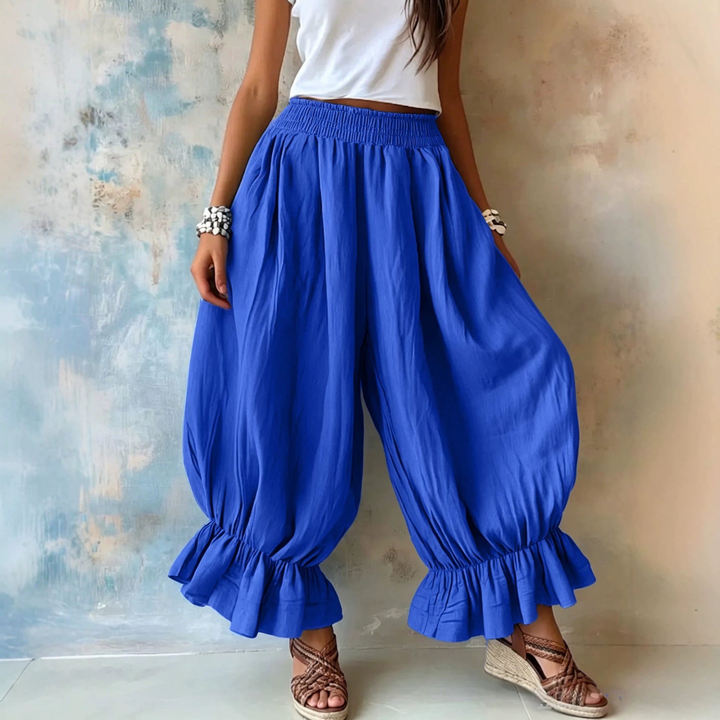 Women's Summer Loose Cotton Linen Ruffled Bloomers Casual Pants