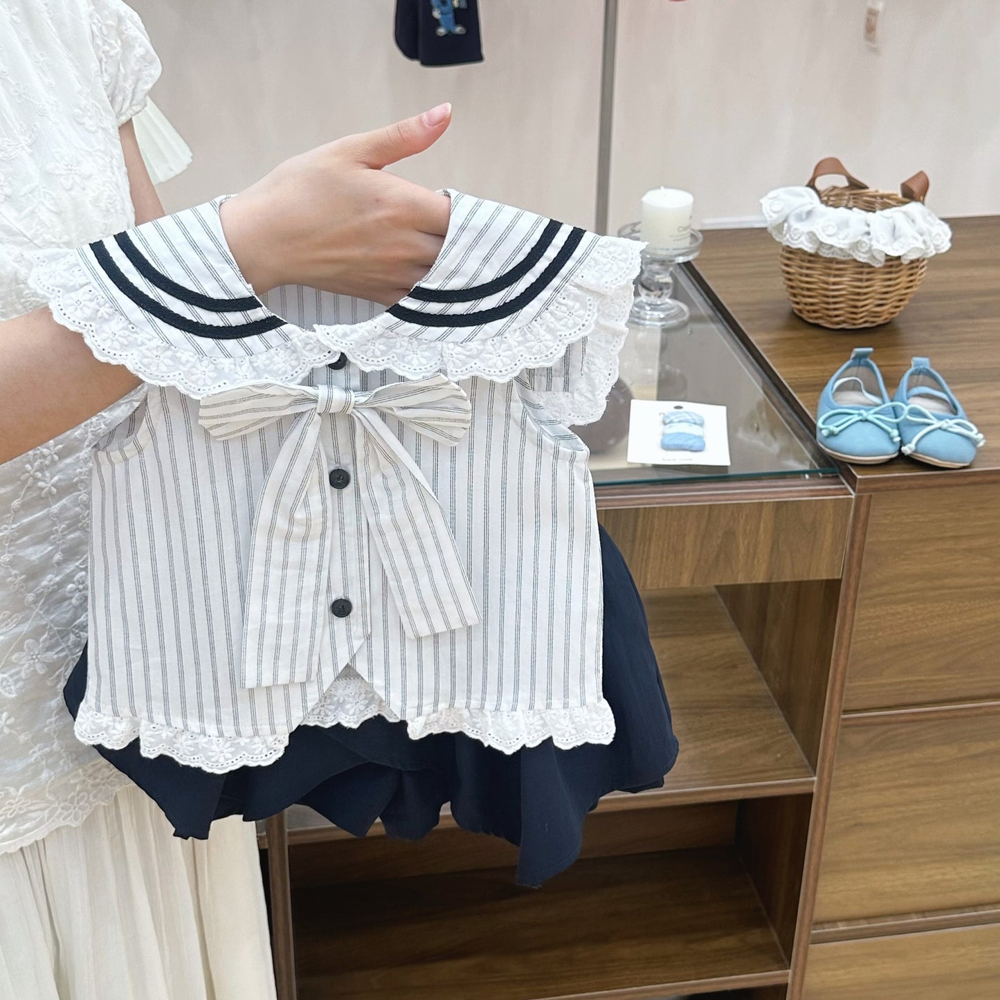 Striped Sailor Collar Top Pleated Skirt Two-piece College Style Children's Suit