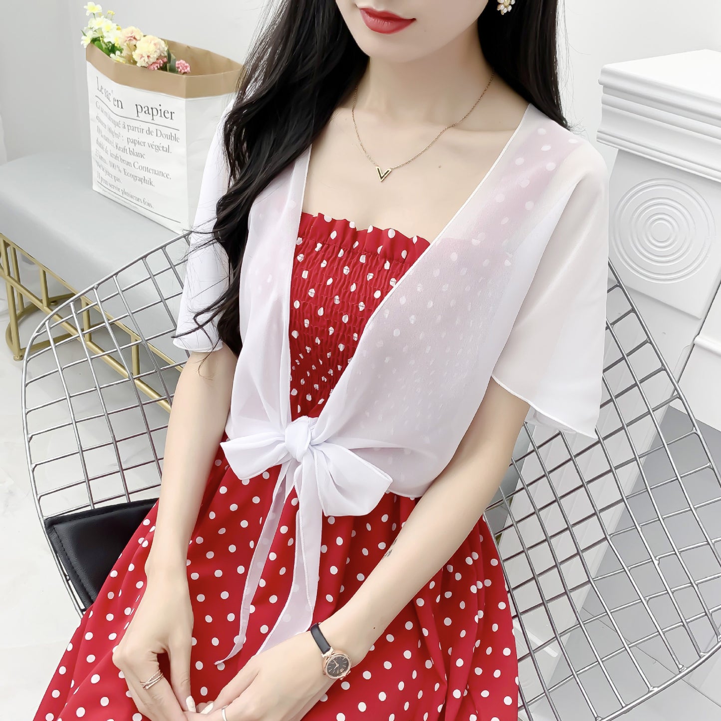 Women's Summer Outwear Western Style Shawl With Lace Shirt, Chiffon Shirt