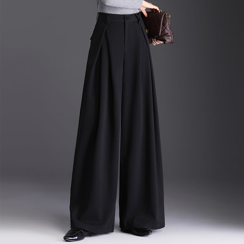 Women's Woolen High Waist Commuter Loose Cover Wide Leg Draping Casual Pants