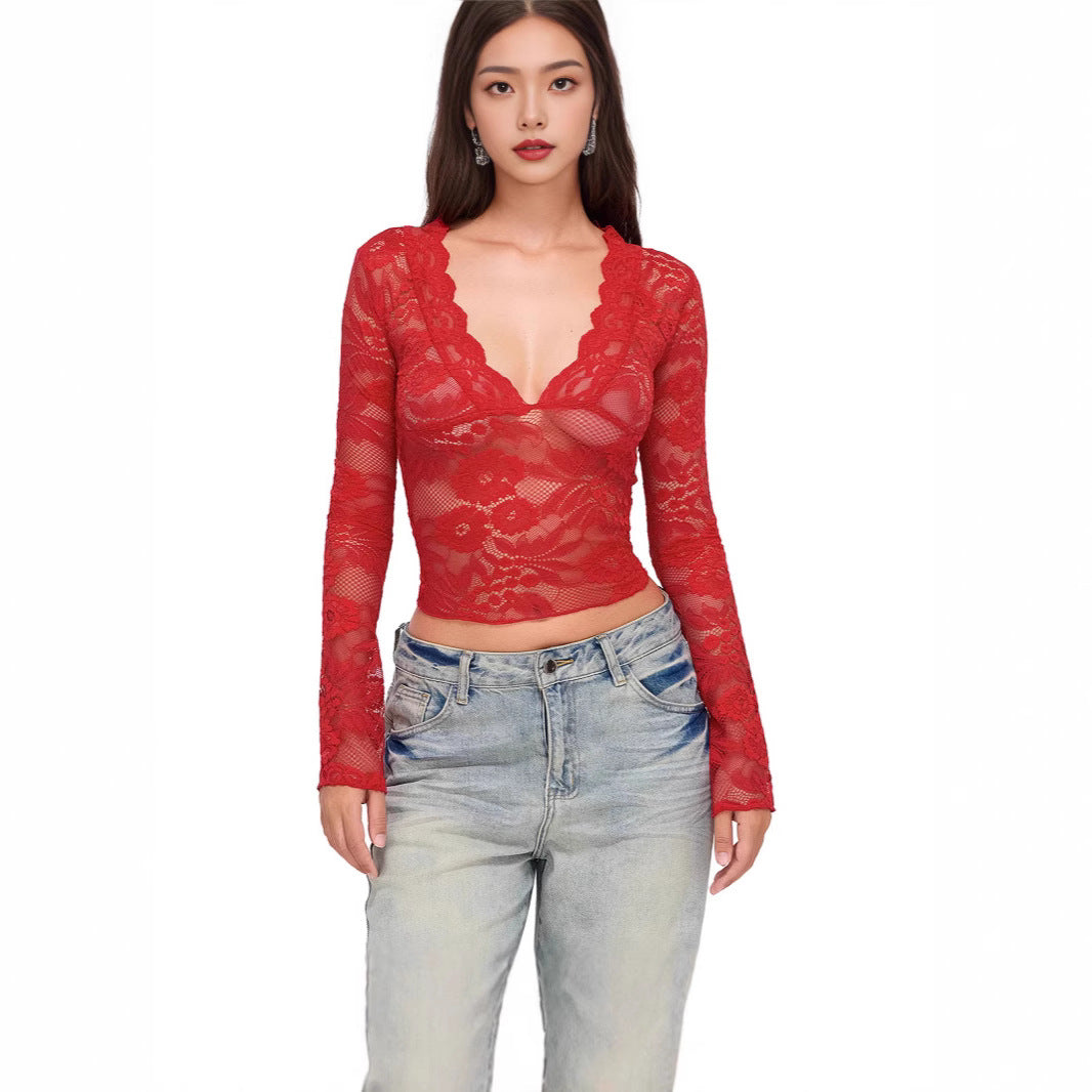 Women's Pure Hot Sexy Deep V Slim Fit Long Sleeve Tops