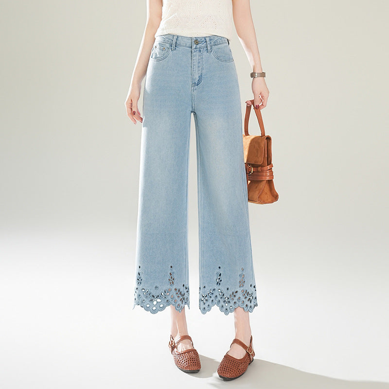Women's Light Blue Embroidered Design Hollow Lace Narrow Version Pants