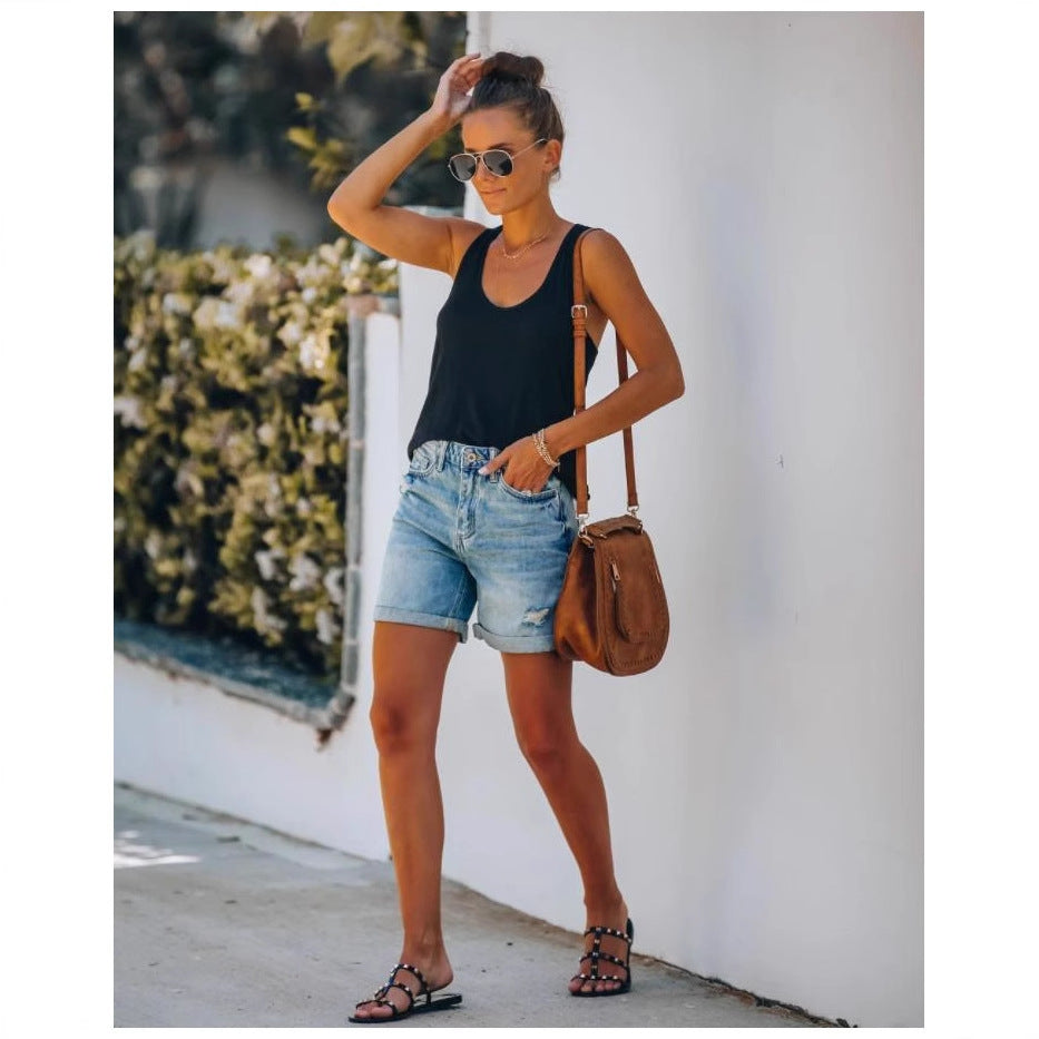 Women's Trade Temperament Leisure Ripped Curling Cropped Shorts