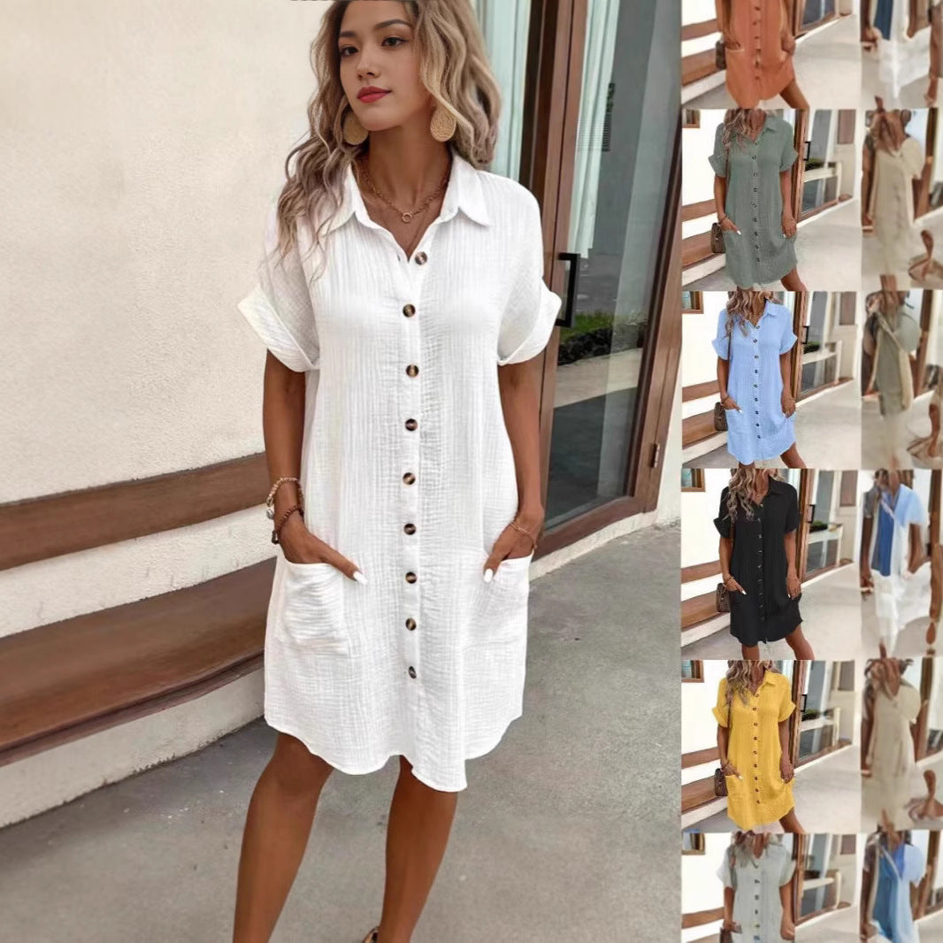 Women's Cotton Linen Breasted Mid-length Sleeve Loose Shirt Shorts