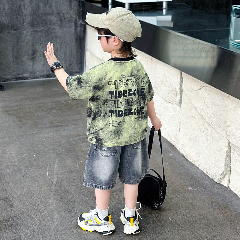 Children's Boy Summer Clothing Short-sleeved Thin Letter T-shirt Two-piece Children's Suit