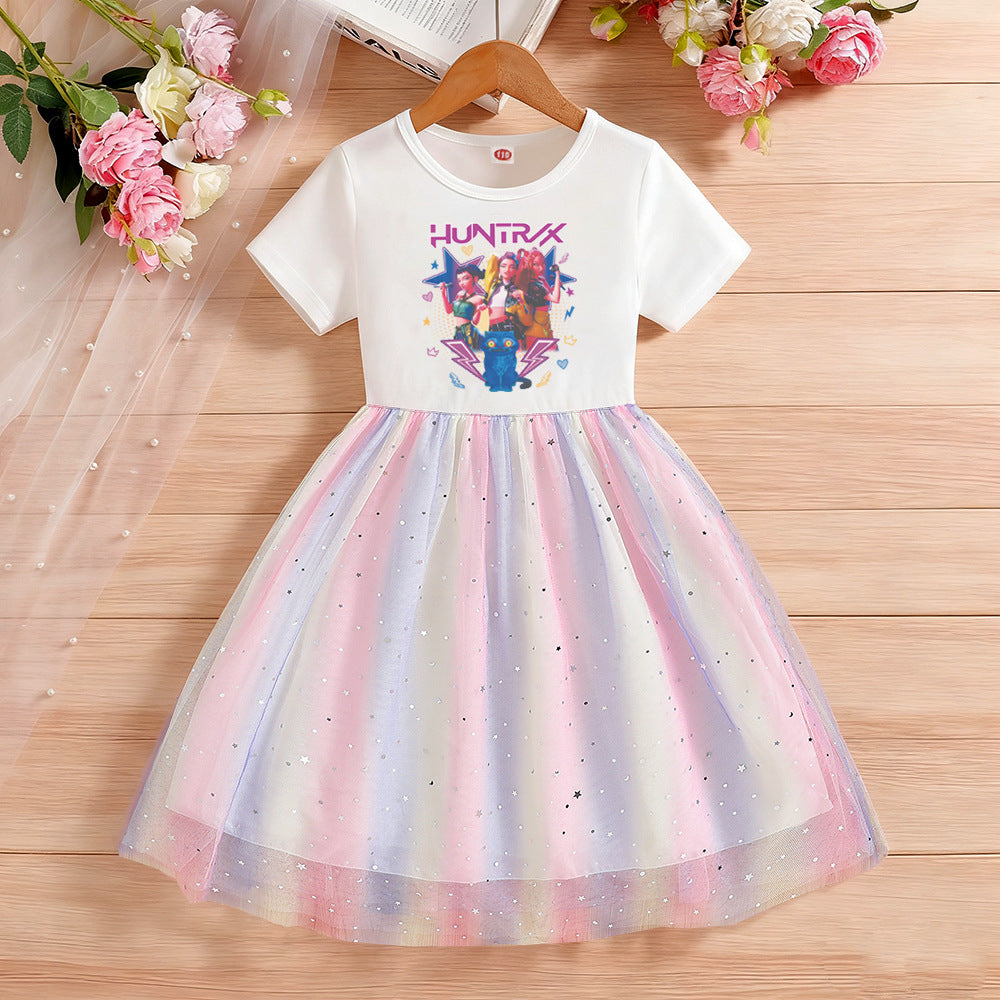 Children's Short Sleeve Clothing Gauze Rainbow Princess Skirt Children's Dress