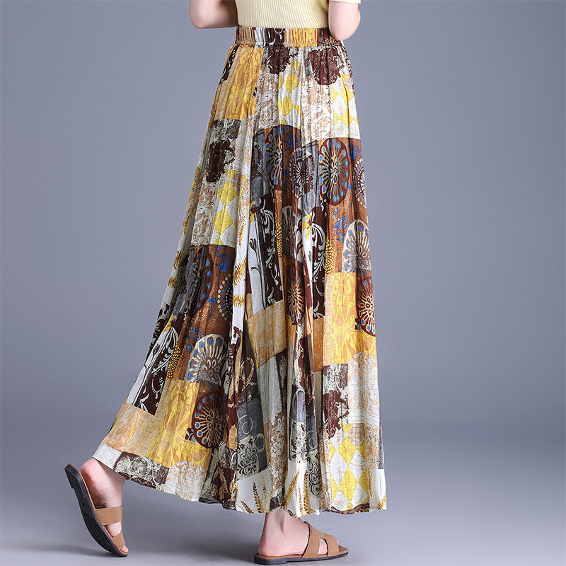 Women's Vacation Ethnic Style Contrast Color Floral Pleated Elastic High Waist Skirt