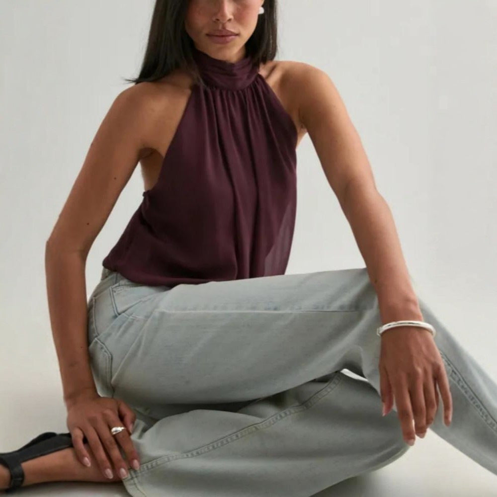Solid Color Vacation Sexy Backless Halter Tops