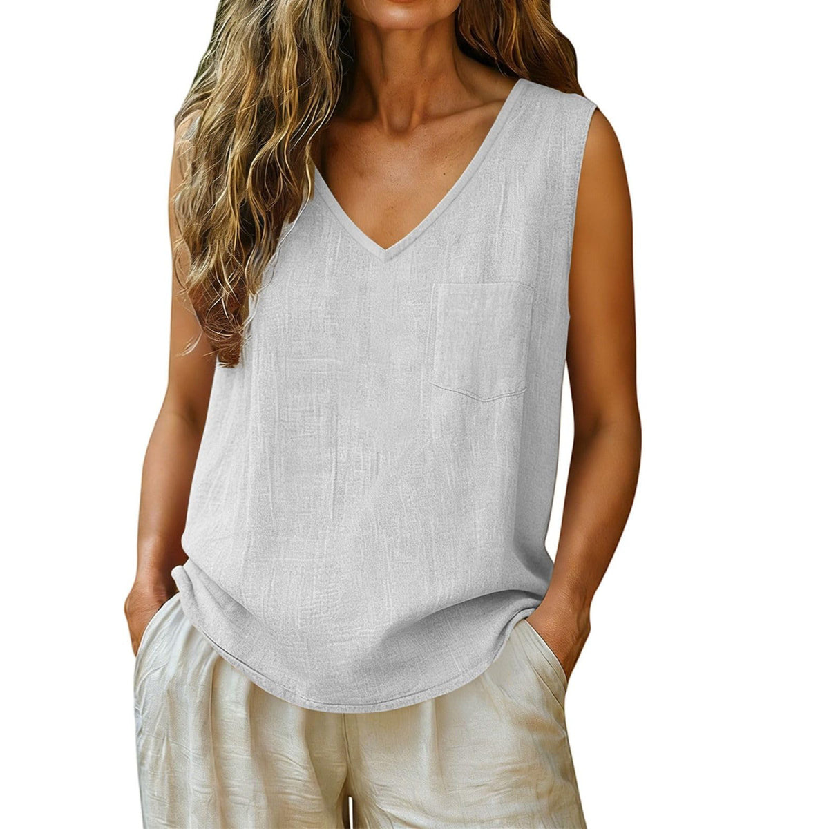 Women's Summer Fashion Casual Pocket Sleeveless Solid Color Cotton Linen Small Vest/suspenders/tube Top