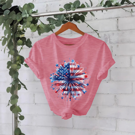 Women's Fashion Short-sleeved Independence Day Fireworks Printing Women's T-shirt