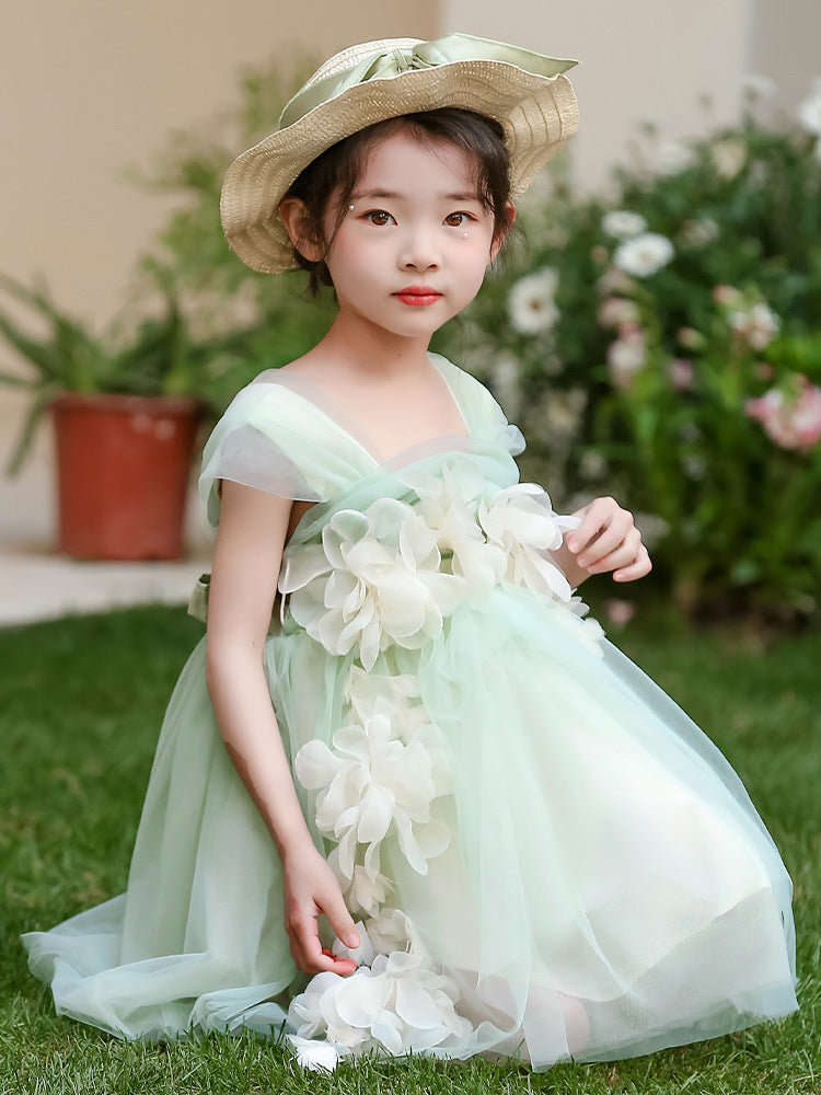 Children's Birthday Green Mesh Flower Day Performance Children's Dress