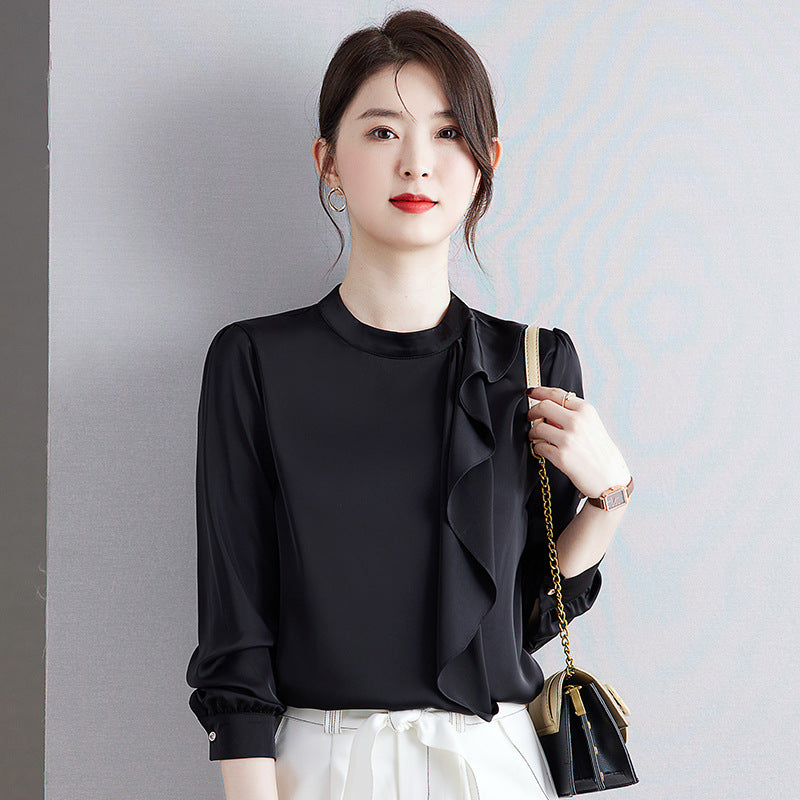 Women's Chic Ruffled Satin Shirt French Style Business Commuter Tops