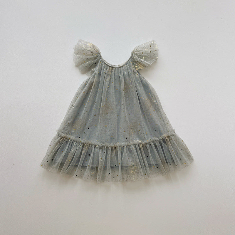 Children's Sweet Birthday Star Mesh Korean Princess Flounced Sleeve Bubble Children's Dress