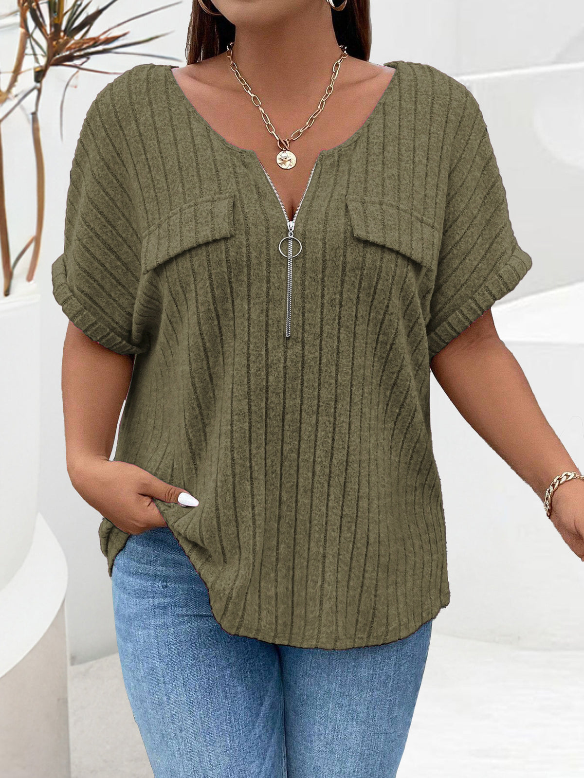 Women's Solid Color Clothes Zipper Sleeve Faux Pocket Pullover Tops