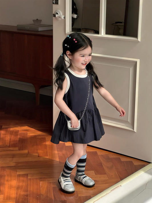 Western Style Ruffled Hem Crew Neck Navy Blue Vest Children's Dress