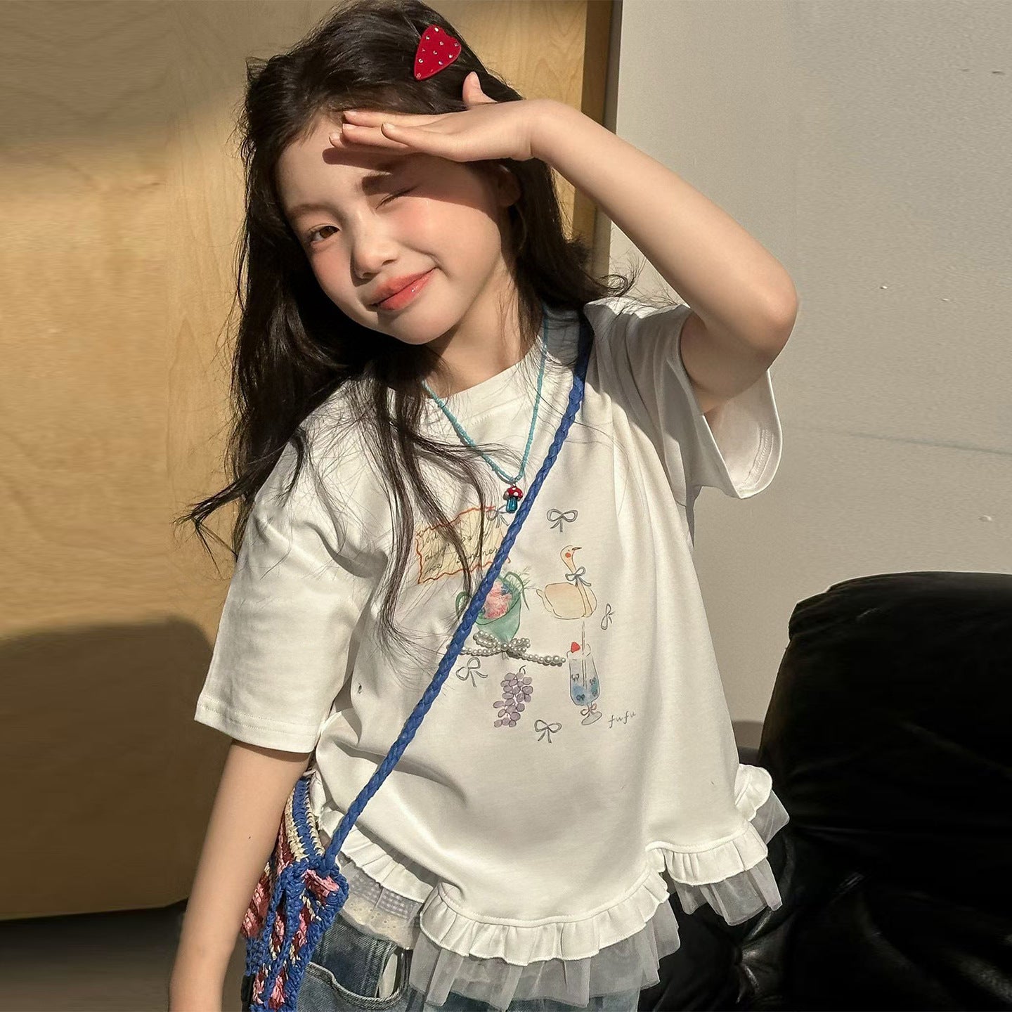 Children's Summer Short-sleeved Medium Big Fashionable Half-sleeve Pure Cotton Lace Bottoming Children's T-shirt