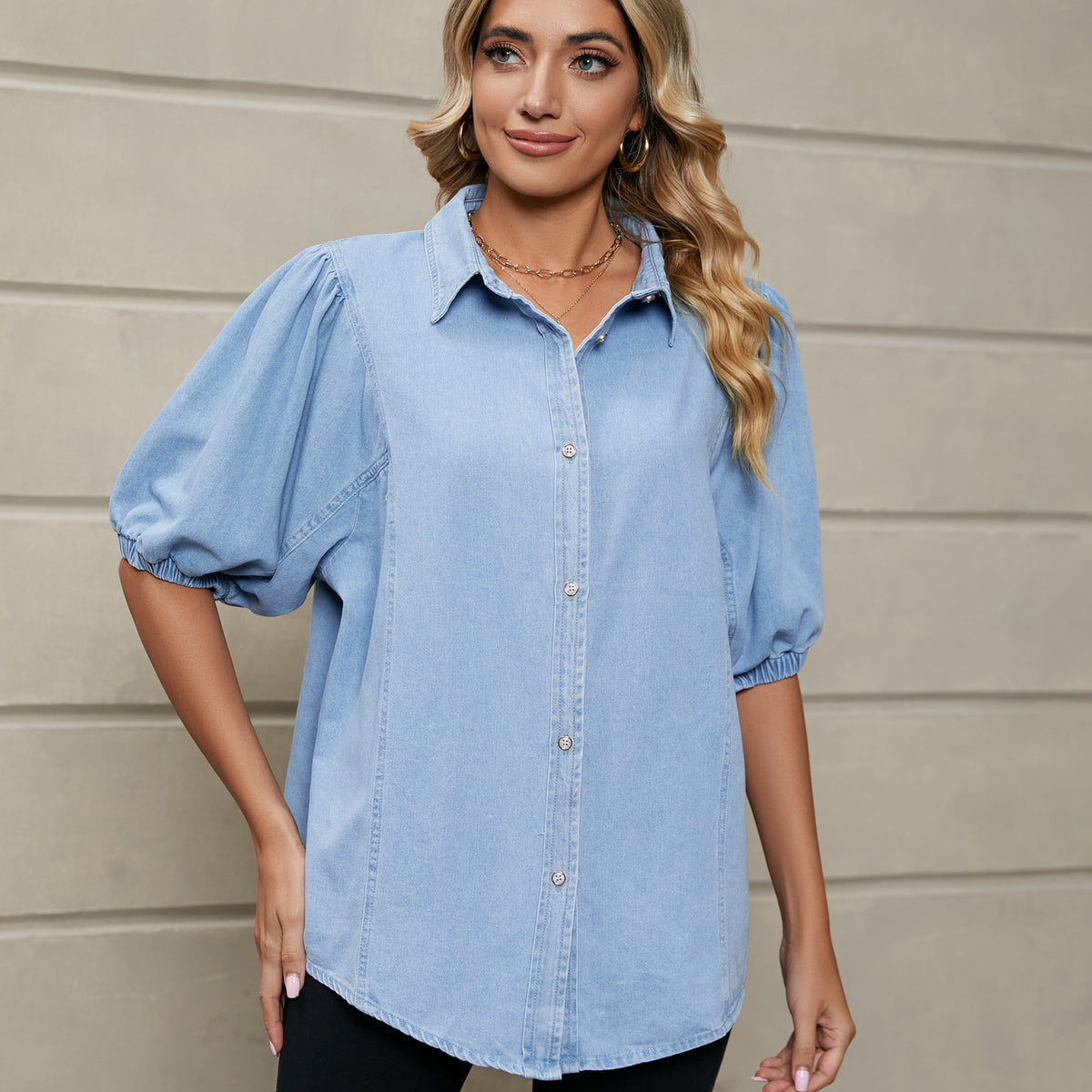 Women's Trade Elastic Princess Sleeves Denim Shirt Tops
