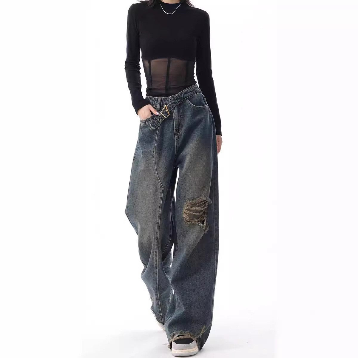 Early Autumn Ripped American Retro Raw Edges Design Loose Wide Jeans