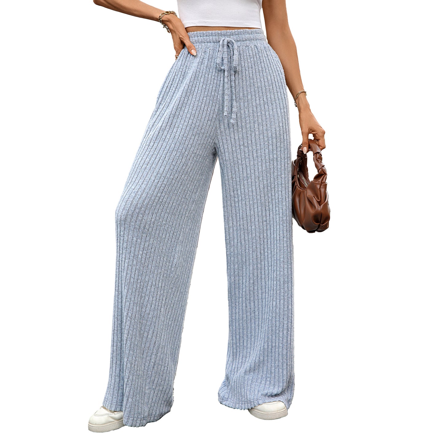 Solid Color Drawstring Sunken Stripe Brushed Elastic Casual Pants