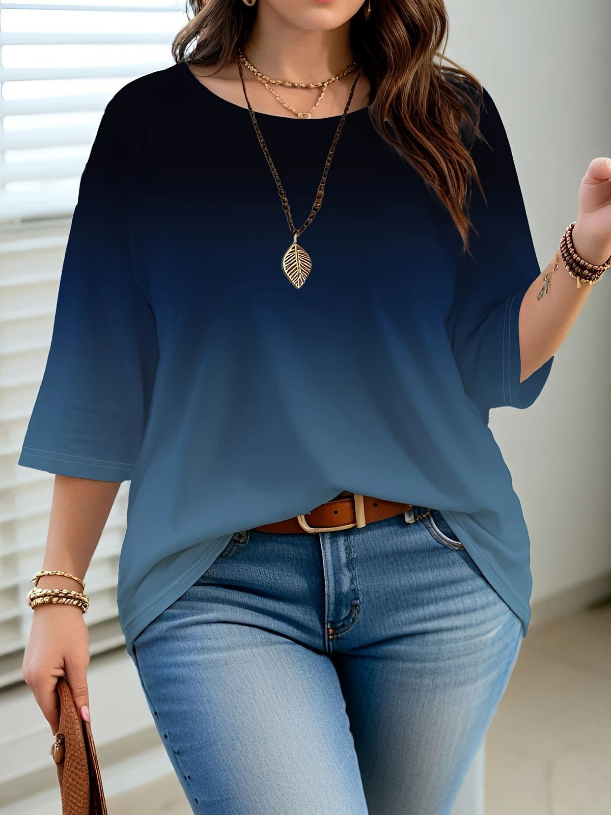 Women's Printed Fashion Gradient Color Sleeve Casual Round Tops