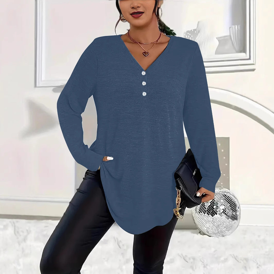 Women's Clothes Buttons Solid Color Long-sleeved Tops