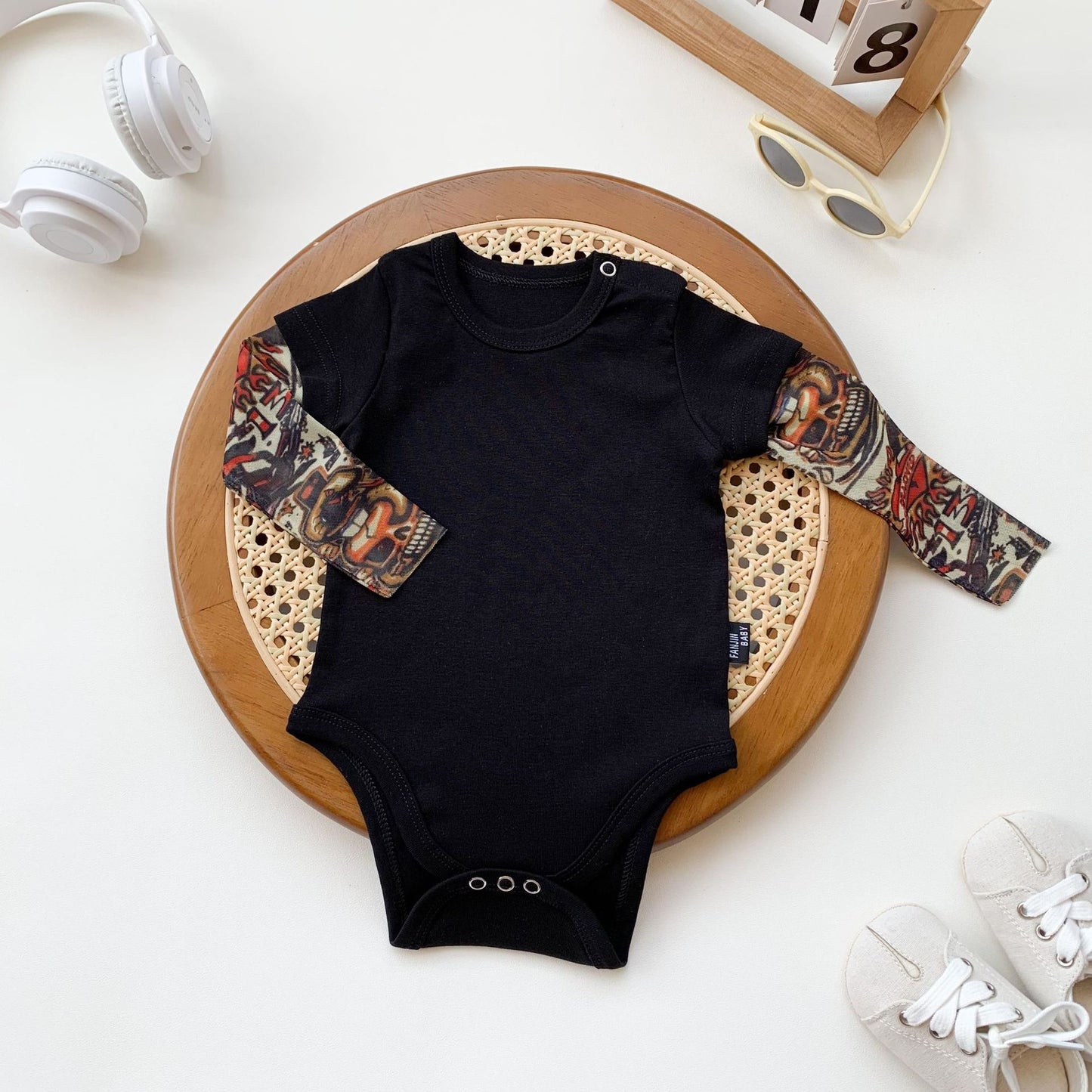 Fake Two-piece Tattoo Sleeve Romper Cotton Boy Triangle Jumpsuit, Climbing Suit