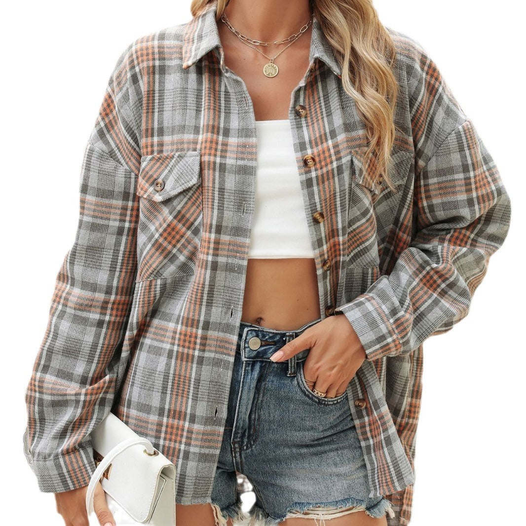 Women's Pocket Loose Long Sleeve Plaid Shirt Blouse