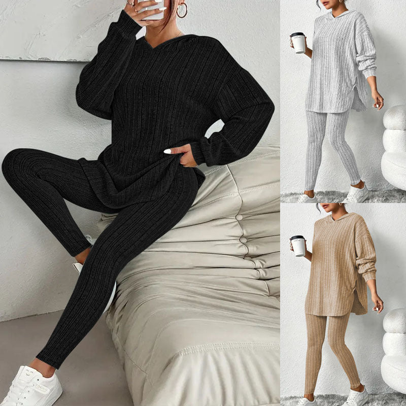 Women's Solid Color Long Sleeve Hooded Trousers Suits