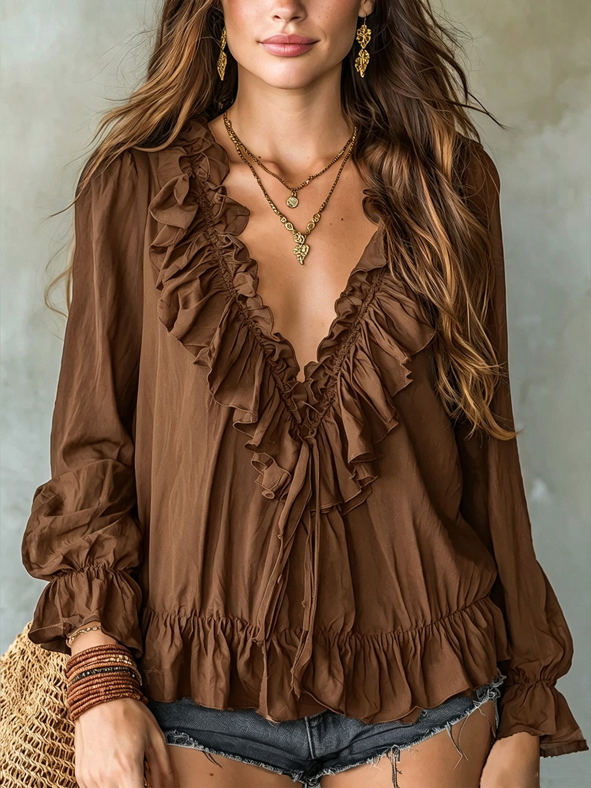 Women's Autumn Fashion Loose Flounce Long Sleeve Lace Shirt, Chiffon Shirt